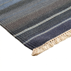 Custom Handwoven Navy Blue <b>Grey</b> Striped Flatweave Area <b>Rug</b> with Fringe for Hotel Villa Living Room - Product Image 2