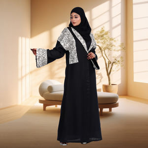 Abaya de Lino con Frente Abierto y Panel con Patrón en Contraste, Elegante, Modesta, Larga hasta el Suelo, Estilo de Diseñador, Moda Contemporánea de Oriente Medio - Product Image 3