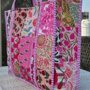Handmade Cotton <b>Quilted</b> Tote Bag Floral Panelled Bohemian Style Open Closure Women's Shopping Bag All Seasons - Product Image 4