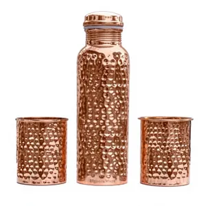 Bouteille d'eau en cuivre pur texturé martelé, design incurvé, artisanale, style rustique, double texture - Product Image 3