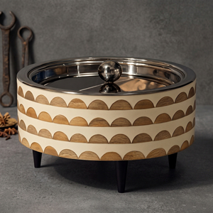 Marble & Wood Inlay Footed <b>Serving</b> <b>Dish</b> With Metal Silver Lid Round Shape Elegant Design Durable Finish For High-End Dining - Product Image 5