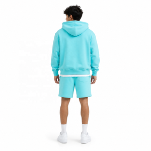 Sweat-shirt à capuche zippé turquoise pour homme en coton French Terry avec poche et logo – Ensemble décontracté d'été avec short – Fournisseur - Product Image 3