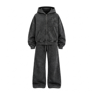 Conjunto Deportivo Unisex con Sudadera con Cierre Verde Lavado Ácido y Pantalones Anchos de Pierna Ancha, Estilo Urbano de 2 Piezas - Product Image 2