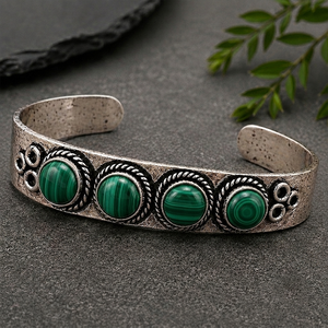 Malachite Aura Hydro Stone Four Stone Wide <b>Cuff</b> Bangle Handmade Brass Vintage <b>Silver</b>/Gold Plated Unisex Statement Fashion - Product Image 4