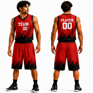 Men's Red Black Sublimated Basketball Jersey Shorts Set V-Neck Sleeveless Moisture Wicking Teamwear Athletic Fit - Product Image 1