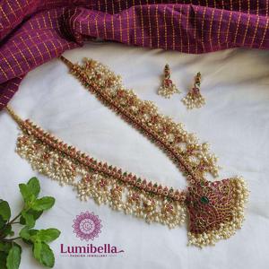 Guttapusalu Kempu Haram-Luxury Gold Plated Bridal Ruby Jewelry Set - Product Image 1