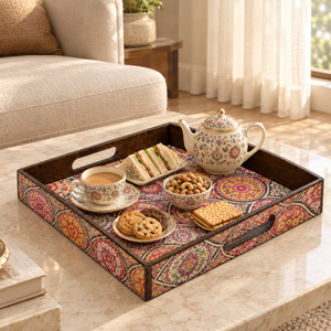 Vibrante Bandeja de Servir de Madera con Mandala |   Bandeja Cuadrada Decorativa de Esmalte con Asas Recortadas y Bordes Elevados, Multifuncional para Bodas y Cenas - Product Image 4