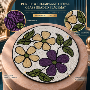 Set de table artisanal violet avec perles de verre florales, motif feuilles botaniques, base ivoire, résistant à la chaleur, élégant - Product Image 5