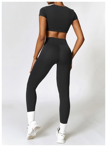 Ensemble de yoga sur mesure pour femme avec logo frontal, respirant, 2 pièces, en Spandex/Polyester de haute qualité, motif uni, taille élastique, ensemble taille haute - Product Image 2