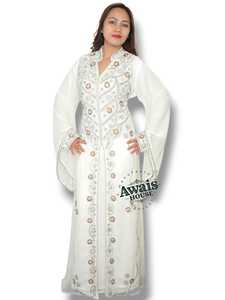 Robe de soirée longue Awais House pour femme, blanche, en organza brodé, avec perles, col en V, manches longues - Product Image 3
