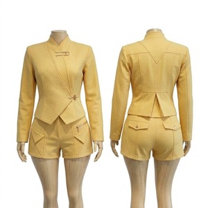 Women's Green 2 Piece Shorts Set Hooded <b>Blazer</b> Top with Pockets Short Sleeve Solid Autumn Office Outfit - Product Image 4