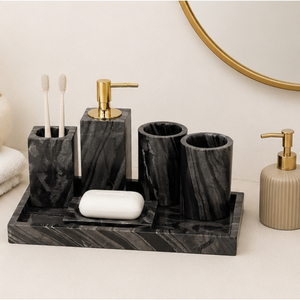 Ensemble d'accessoires de salle de bain en marbre noir avec pompe dorée, distributeur de savon moderne, porte-brosse à dents, fournitures de salle de bain de luxe - Product Image 4