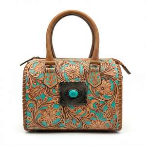 Hand Tooled 100% Genuine Leather Western Speedy Mini Duffel <b>Bag</b> With Turquoise Stone <b>Studded</b> Luxury Travel Weekend Overnight <b>Bag</b> - Product Image 1