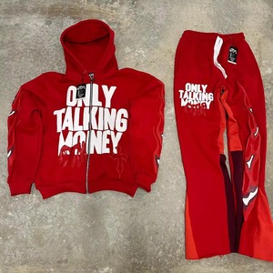 High quality Custom Men's Streetwear Cotton Fleece 320Flared Sweatpants Hoodie <b>Set</b> Custom Printed 100% Cotton Fleece Eco-Friend - Product Image 1
