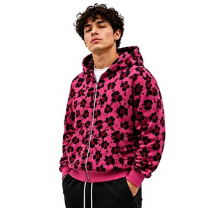 Pink Floral Print Zip Up Hoodie Men Oversized Streetwear Pullover Jacket with Pocket Winter Sweatshirt - Product Image 1