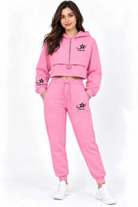 Custom Women’s <b>Pink</b> 2 Piece Tracksuit Set Cropped <b>Hoodie</b> & Jogger Pants Wholesale Casual Sportswear Manufacturer - Product Image 3