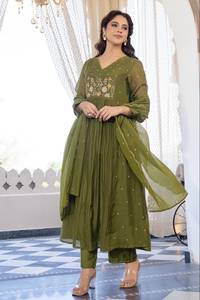 Women Cotton Viscose Anarkali Kurta Pant Dupatta Set Embroidered Ethnic Outfit V Neck Party <b>Wedding</b> Wear Summer Autumn Winter - Product Image 5