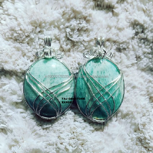 Fil d'argent enveloppé de cristaux de pierre naturelle amazonite ovale guérison ovale pierre précieuse agate cristal artisanat pendentif collier à vendre - Product Image 1