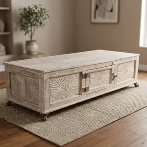 Mesa de Centro Vintage de Madera con Diseño Floral Tallado a Mano, Mueble Rústico de Estilo Campestre con Una Puerta para Sala de Estar, Dormitorio o Comedor - Product Image 4