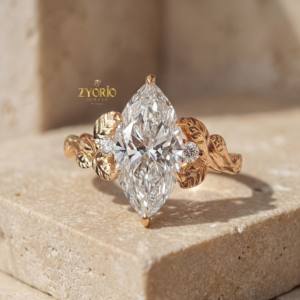Anillo de Compromiso Ecológico y Moderno, Inspirado en la Naturaleza, con Tres Piedras Marquise, Diamante Creado en Laboratorio, Oro Sólido de 14K, para Mujer, Aniversario - Product Image 5