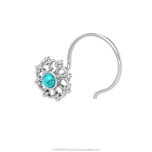 Pendiente de Nariz con Turquesa en Forma Redonda de Plata de Ley 925, Estilo Indio, para Mujeres y Niñas - Product Image 2