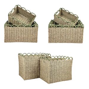 BOTANICAL TRIM Eco-Friendly Rustic <b>Rectangle</b> Green Scallop Woven <b>Storage</b> <b>Basket</b> Set Organizer Box for Entryway - Product Image 1