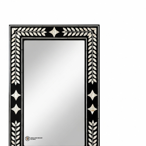 Miroir mural décoratif Art Déco fait main en laurier noir et ivoire avec accents géométriques en étoile pour mariage - Product Image 3