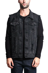 <b>Men's</b> <b>Light</b> Blue Denim Vest Turn-down Collar Single Breasted Frayed Casual Washed Cotton Spring Style - Product Image 4