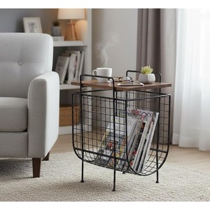 Mesa Auxiliar de Madera de Pino con Porta Revistas Metálico, Venta al Por Mayor |   Muebles de Almacenamiento Rústicos de la India - Product Image 1