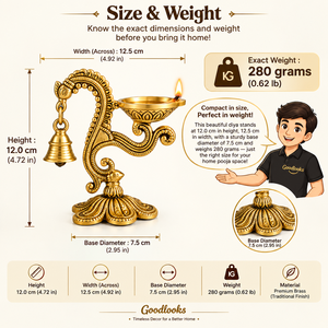 Handcrafted Brass Swan Neck Diya Stand Hanging Bell Oil Lamp Traditional Brass Deepam Decorative Puja Diya for Temple <b>Mandir</b> - Product Image 5