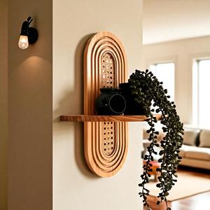 Estante de Pared de Ratán y Madera Estilo Boho Hecho a Mano en Vietnam, Estante Flotante Moderno de Mediados de Siglo, Decoración para el Hogar, Fabricante - Product Image 1
