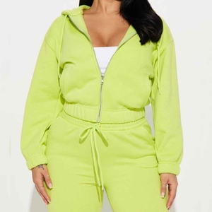 Conjunto Deportivo Verde Lima para Mujer, Talla Grande, Sudadera con Capucha y Pantalones Largos con Cordón, Color Sólido, Estilo Casual - Product Image 5