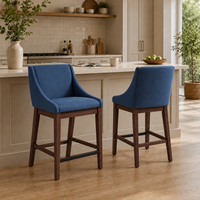 Chaise de bar moderne en velours bleu avec cadre en bois, accoudoirs fixes, design contemporain pour bar à domicile, chaise de comptoir, tabouret de bar