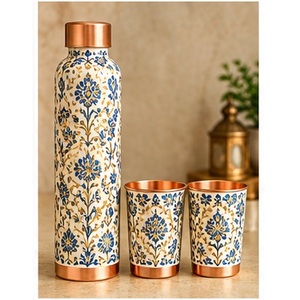 Ayurvedic Floral Leaf Pattern <b>Metal</b> <b>Water</b> <b>Bottle</b> Set with Copper Trim Portable Drinkware for Travel - Product Image 6