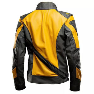 Premium <b>Men's</b> Motorcycle <b>Leather</b> <b>Jacket</b> Slim Fit Racing Biker PU <b>Leather</b> Coat Yellow Grey Windproof Tactical Streetwear <b>Jacket</b> - Product Image 4