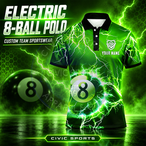 เสื้อโปโล CIVIC SPORTS แบบกำหนดเองสำหรับผู้ชาย แขนสั้น สีเขียวลายสายฟ้า หมายเลข 8 ลายพิมพ์ดิจิทัล แห้งเร็ว - Product Image 2