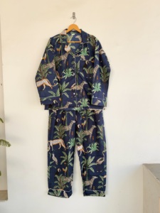 Conjunto de Pijama de Manga Larga con Estampado Tropical Floral para Mujer, Cuello Camisero, 100% Algodón Tejido, Casual, Verano, Suave, con Botones - Product Image 2