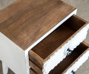<b>White</b> Wooden Nightstand 2 <b>Drawers</b> Midcentury Modern Carved Design Handmade <b>Bedroom</b> Furniture - Product Image 2