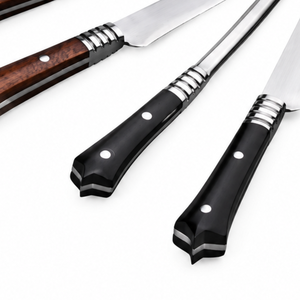 Juego de Seis Cuchillos para Trinchar Carne y Afilador con Hojas Plateadas y Mangos Marrones, Negros y Blancos para Cortar Carne en la Cocina - Product Image 4