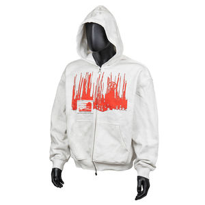 Sudadera con Capucha y Cierre para Hombre, Color Blanco, con Estampado de Goteo Rojo, Bolsillo Delantero, Felpa Francesa de Algodón, Estilo Casual para Otoño - Product Image 1