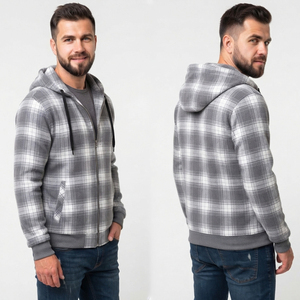 Haut à capuche en flanelle pour homme, entièrement zippé, à carreaux, à manches longues, avec poches latérales, pour l'hiver décontracté - Product Image 4