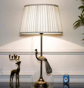 Brass Peacock Table Lamp White Fabric Drum Shade Large Traditional Design Warm <b>Light</b> Residential Use - Product Image 1