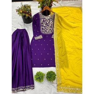 Ensemble haut en satin, pantalon palazzo et dupatta pour soirée, avec broderies riches, taille XL - Product Image 1