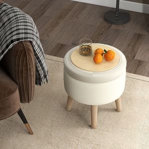 <b>Adjustable</b> Round Storage Ottoman with Rubber Wood Legs and Foot Pads Stylish <b>Stools</b> & Ottomans - Product Image 3