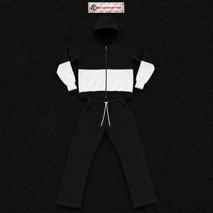 Black <b>White</b> Color Block Tracksuit <b>Men</b> Full Zip Hoodie And <b>Jogger</b> Pants Set Casual Streetwear Athletic Sports Outfit Premium Flee - Product Image 5