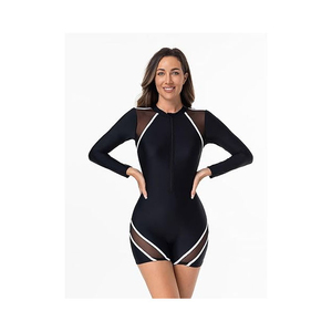 Women High Neck Long Sleeve One Piece Rash Guard with <b>Mesh</b> Panels Contrast Binding Quick Dry & Seamless Spandex/Nylon Swimwear - Product Image 3