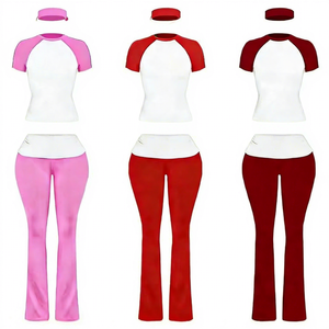 2026Stylish Color-Block Raglan Sleeve Flared Pants <b>Set</b> Breathable Stretchy Two-Piece Outfit for Fashion-Forward Active Women - Product Image 2