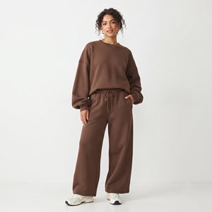 Survêtement en coton pour femme, col rond, manches longues, pantalon large, taille à cordon, tenue décontractée d'hiver, survêtement en molleton long - Product Image 1