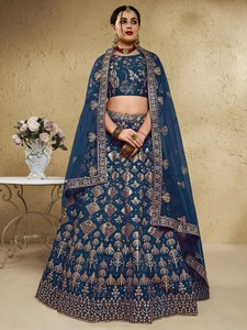 Royal Blue Embroidered Lehenga Choli Set with <b>Net</b> <b>Dupatta</b> - Indian Bridal & Wedding Party Wear Sequin Zari Work Lehenga for Wome - Product Image 4