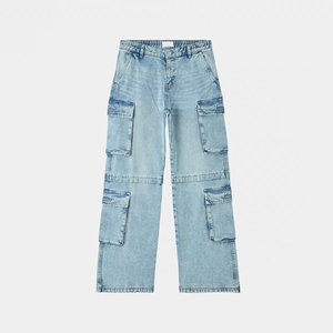 Pantalones Cargo de Mezclilla Azul Claro de Cintura Alta para Mujer, Corte Holgado, con Múltiples Bolsillos, Estilo Casual, para Primavera - Product Image 3